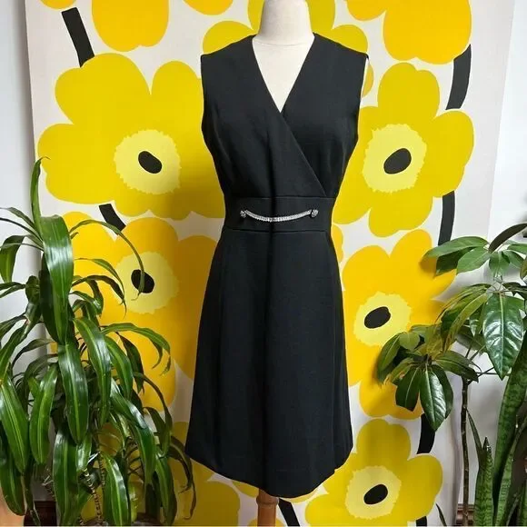 Mod Black Sleeveless Vintage 1960s / 1970s Knit Rhinestone Accent Mini Dress - Picture 8 of 9